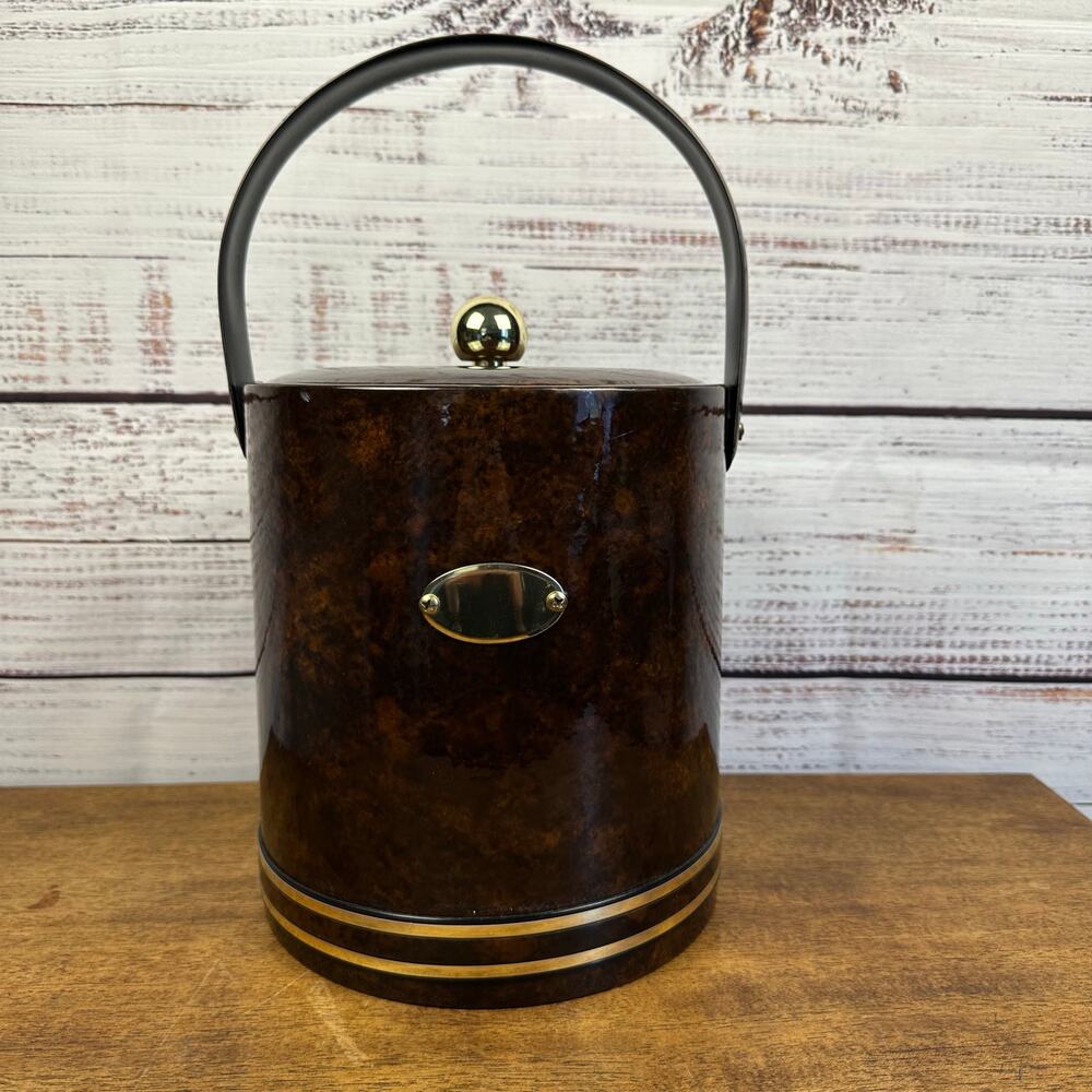 Vintage Signed George Briard USA Tortoise Vinyl Gold Trim Ice Bucket Lid MCM